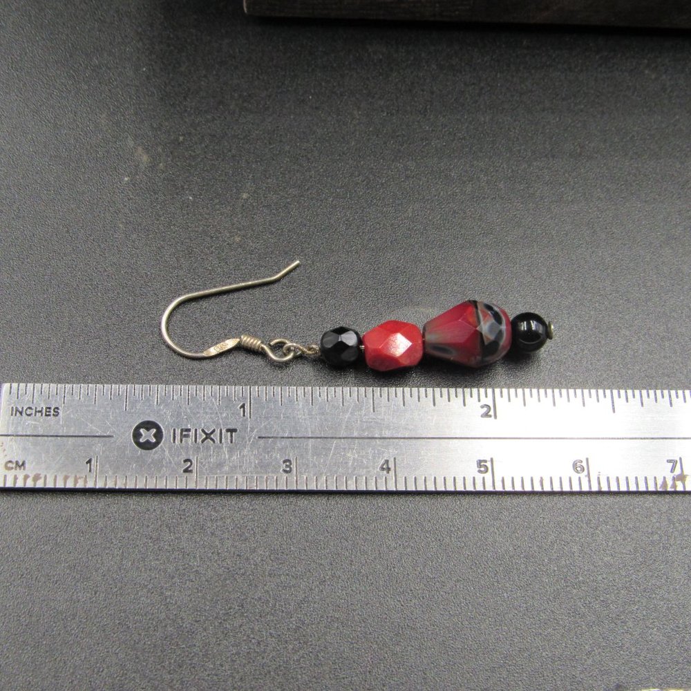 Sterling Silver Red Black Faceted Stone Dangle Earrings Vintage - Picture 4 of 5